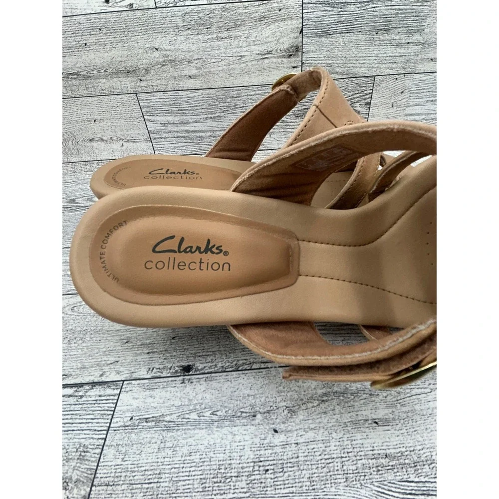 Clarks Collection Tan Leather Strappy Block Heel Sandals Women‎ US 9.5 EU 41